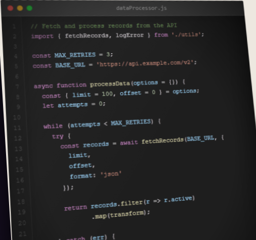 Screenshot of code on a screen. None of the code is real!